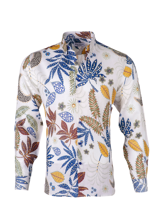 Printed Linen Shirt Abstract Leaves White